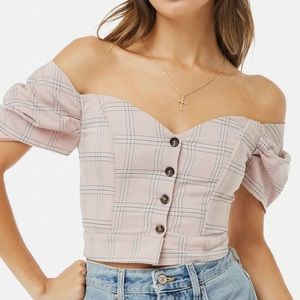 Plaid Sweetheart Off Shoulder Crop Top Black and White
